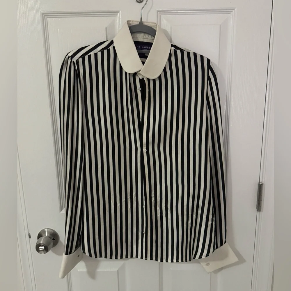 Black and White Striped Button-Up Shirt 100% Silk Shirt - Picture 1 of 4